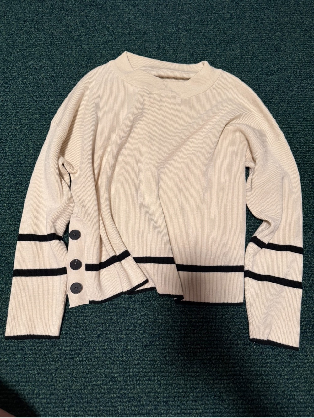 Cream Knit Sweater with Black Stripes and Side Buttons